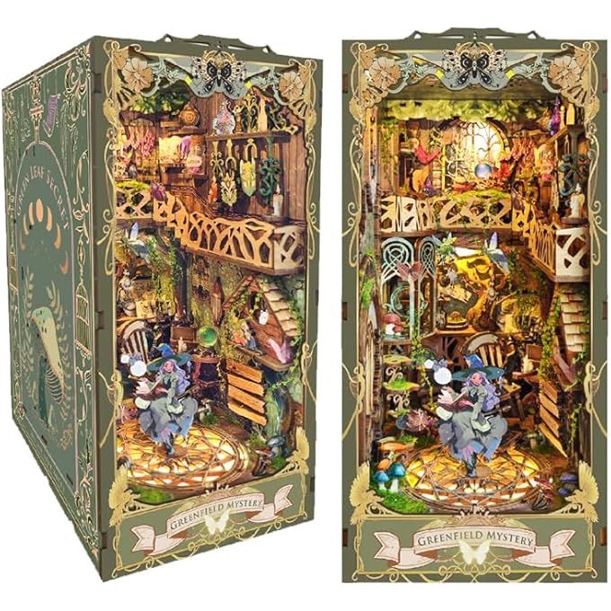 BOOK NOOK KIT DIY MINIATURE DOLLHOUSE 3D PUZZLE BOOK NOOK WITH LED LIGHT MODEL KIT DECORATIVE BOOKEND STAND FOR ADULTS CREATIVE BOOKSHELF BOOKNOOK (GREEN FIELD MYSTERY) - Image 1
